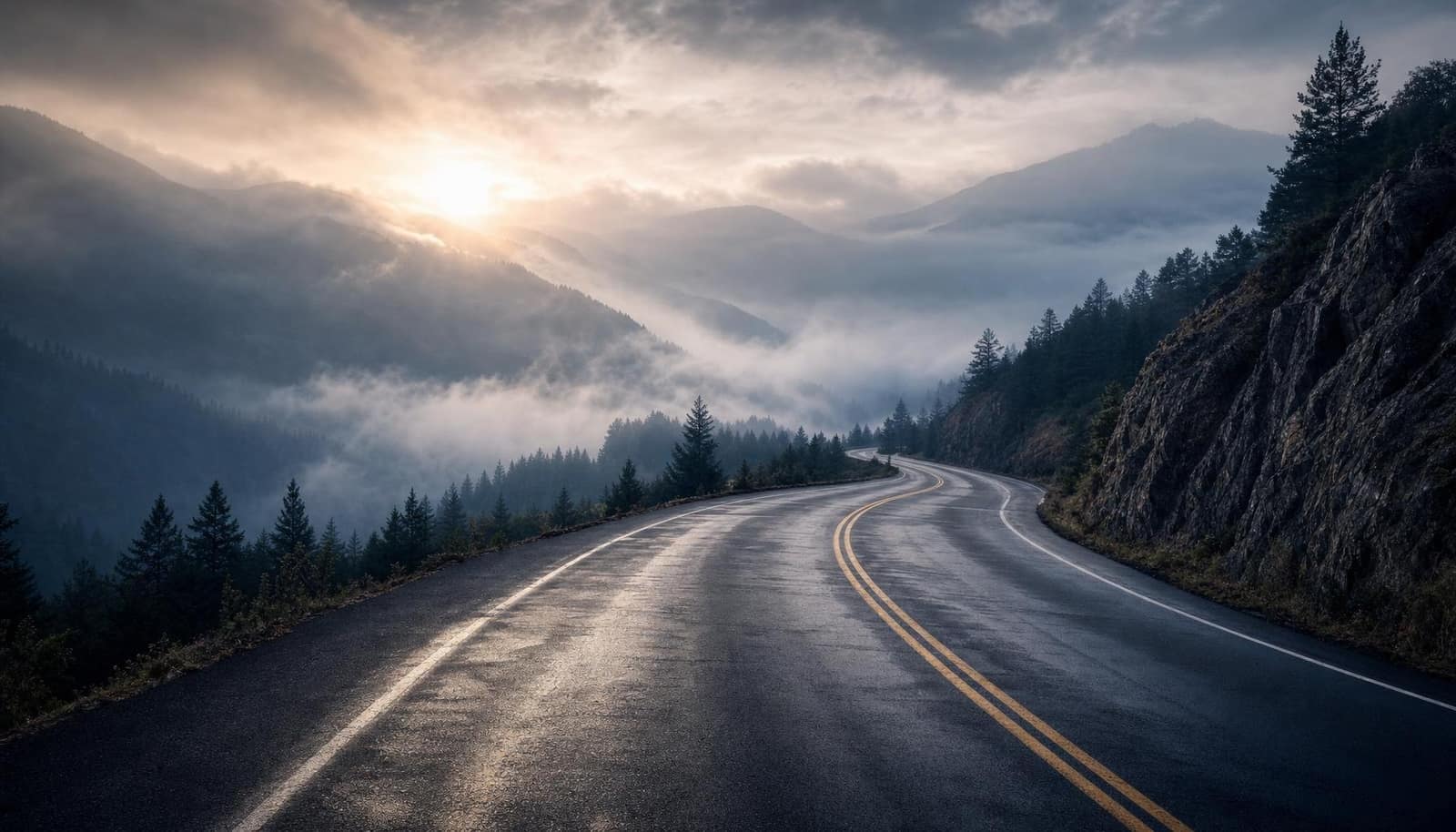 An empty road stretching into the foggy distance